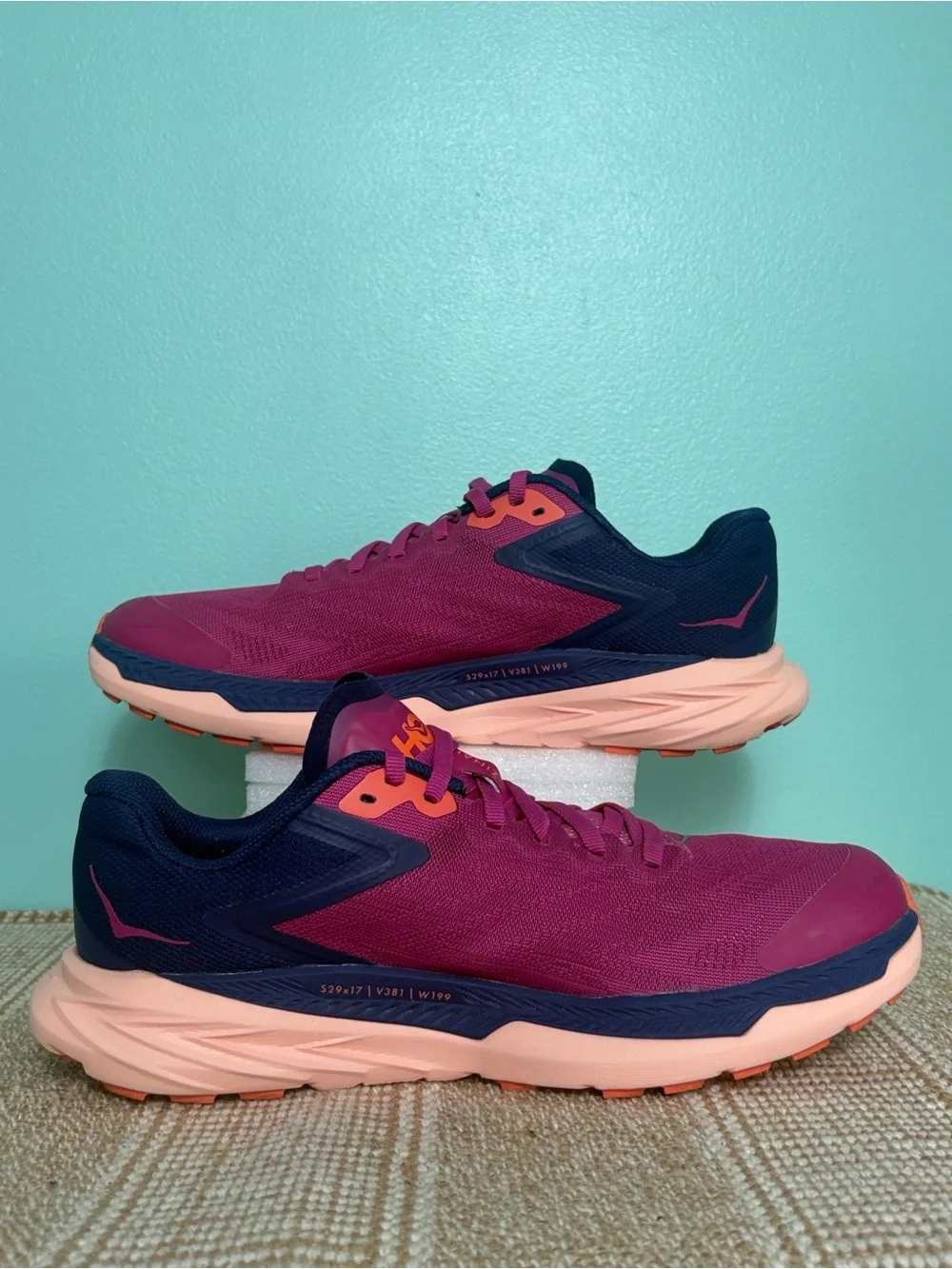Hoka Women's Zinal Trail Running Shoe. Fuchsia/Navy Blue/Orange Accents. Size-7